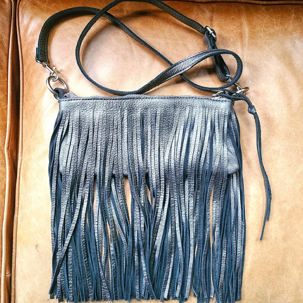 Linea Pelle Silver Fringed Crossbody Purse